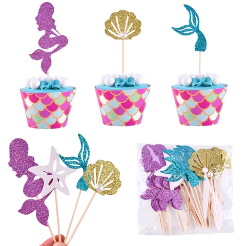 Mermaid Theme Cake Topper Set Glitter Paper Starfish Shell Fish Tail Cupcake Picks Birthday Party Dessert Table Decoration
