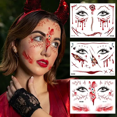 Halloween Horror Face Tattoo Stickers Bloody Wound Scar Fake Eye Makeup Stickers For Party Masquerade Decoration