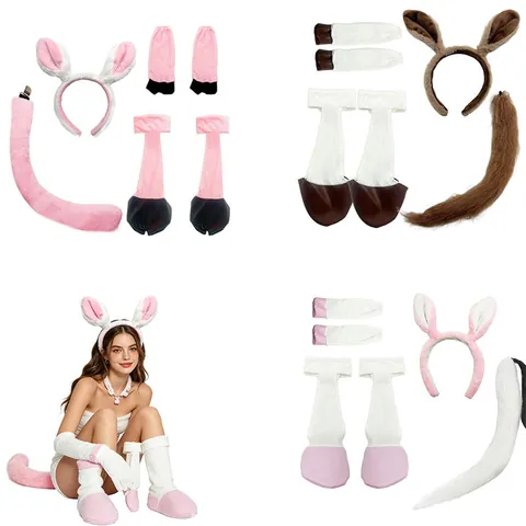 Halloween Donkey Horse Costume Accessories Animal Ears Headband Long Tail Hooves Gloves Foot Covers Kids Party Role Play Props
