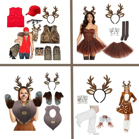 Christmas Halloween Reindeer Costume Set Women Adult Faux Fur Antler Headband Spotted Mesh Skirt Festival Party Dress Up Accessory Kit