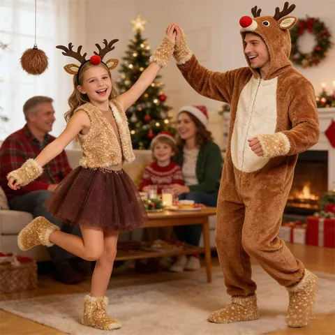 Women Girls Reindeer Cosplay Costume Faux Fur Spotted Vest Antler Headband Tutu Skirt Leg Warmer Christmas Halloween Party Outfit