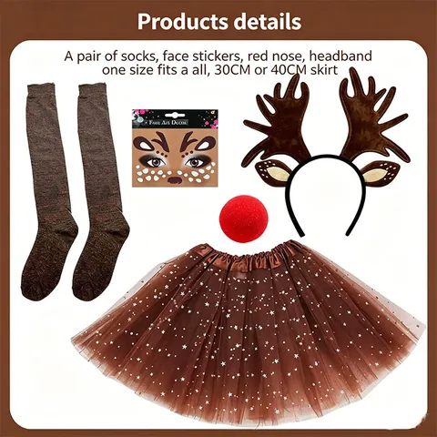 Christmas Reindeer Antlers Headband Set Women Kids Halloween Elk Costume Accessories Tutu Skirt Socks Face Stickers Party Favors