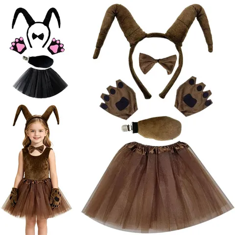 Halloween Animal Costume Accessories Set Antelope Ox Horns Headband Bowtie Tail Gloves Tutu Skirt For Performance Cosplay Party