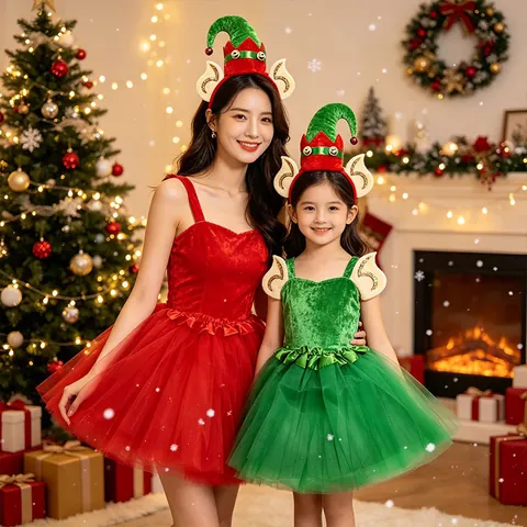Christmas Christmas Tree Antler Headband Tutu Skirt Set For Kids Women Holiday Costume Sequined Bow Bells Hair Accessories Halloween Party Decors