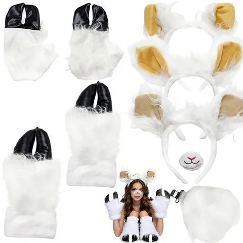 Cartoon Sheep Alpaca Plush Headband Costume Accessories Set With Ears Tail Gloves Foot Covers For Halloween Christmas Party Costume Dress Up