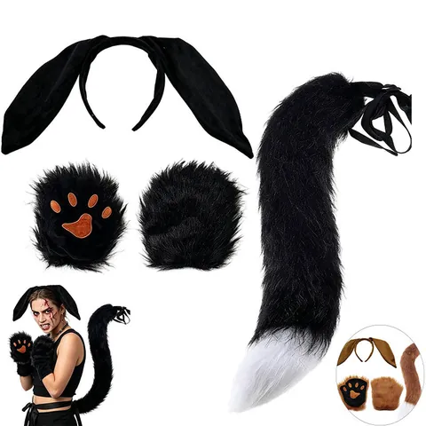 Faux Fur Fox Tail Rabbit Ears Headband Cosplay Costume Set Plush Paws Gloves For Halloween Party Women Girls Animal Accessories