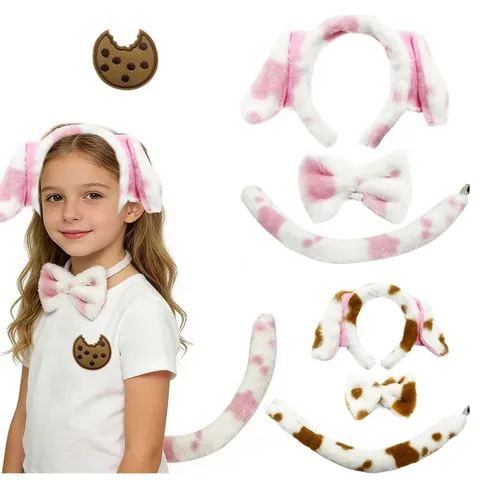 Dalmatian Dog Ears Headband Bowtie Tail Tutu Skirt Set Spotted Puppy Cosplay Costume Party Supplies Halloween Birthday Performance Dress Up