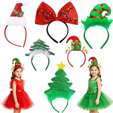Christmas Christmas Tree Antler Headband Tutu Skirt Set For Kids Women Holiday Costume Sequined Bow Bells Hair Accessories Halloween Party Decors