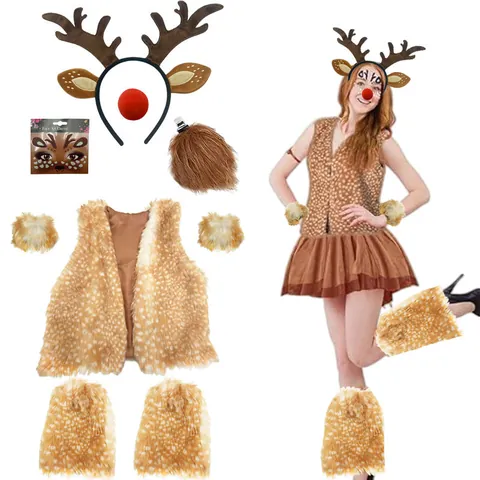 Women Girls Reindeer Cosplay Costume Faux Fur Spotted Vest Antler Headband Tutu Skirt Leg Warmer Christmas Halloween Party Outfit