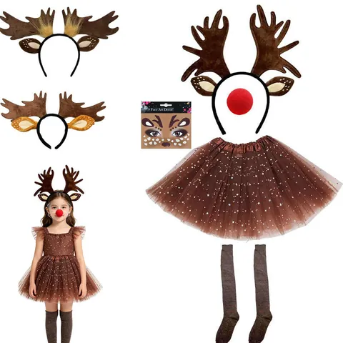 Christmas Reindeer Antlers Headband Set Women Kids Halloween Elk Costume Accessories Tutu Skirt Socks Face Stickers Party Favors