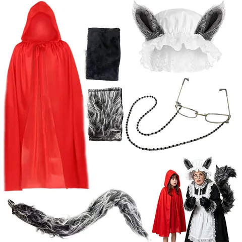 Wolf Grandma Cosplay Costume Set Red Hooded Cape White Lace Wolf Ear Hat Long Plush Tail Paw Gloves For Halloween Fairytale Party
