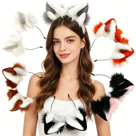 Halloween Simulation Faux Fur Animal Ear Headband Tail Gloves Set Lolita Cosplay Plush Fox Ears For Party Comic Con Costume Props
