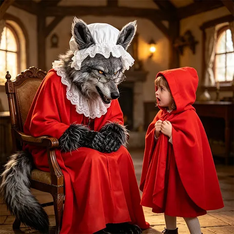 Wolf Grandma Cosplay Costume Set Red Hooded Cape White Lace Wolf Ear Hat Long Plush Tail Paw Gloves For Halloween Fairytale Party