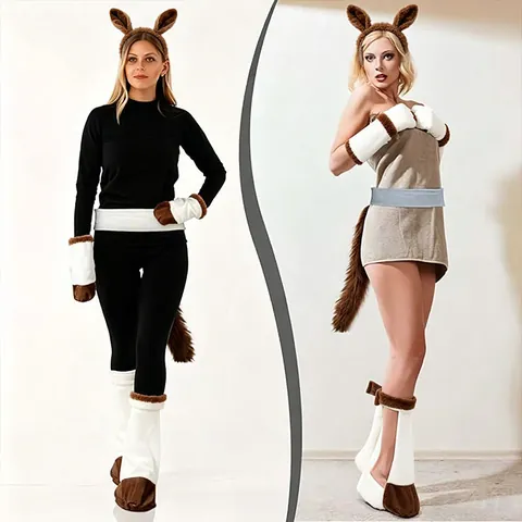 Halloween Donkey Horse Costume Accessories Animal Ears Headband Long Tail Hooves Gloves Foot Covers Kids Party Role Play Props