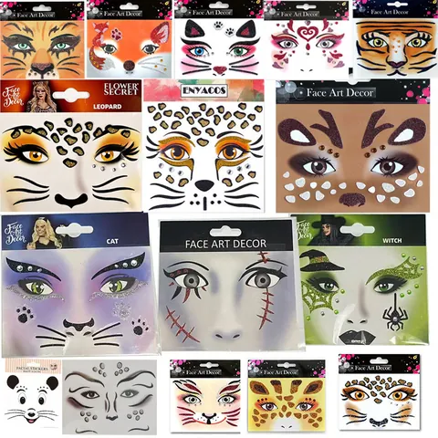 Halloween Animal Face Art Decor Rhinestone Stickers Waterproof Leopard Reindeer Face Jewels For Kids Stage Makeup Party Supplies