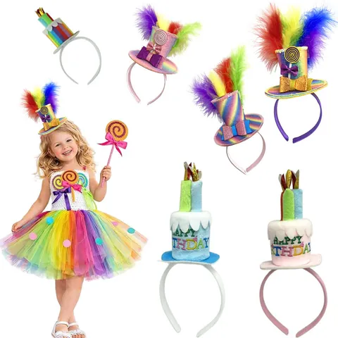 Cartoon Candy Birthday Cake Hat Princess Tutu Skirt Flower Rainbow Headband Children Performance Costume Accessories