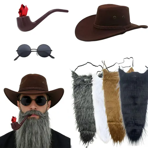 Western Cowboy Hat Fake Beard Sunglasses Pipe Set Retro Knight Cosplay Props Halloween Christmas Party Costume Accessories