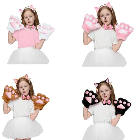 Cute Faux Fur Cat Paw Gloves And Cat Ear Headband Bow Tie Tail Set For Women Girls Cosplay Halloween Party Anime Costume Accessory