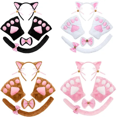 Cute Faux Fur Cat Paw Gloves And Cat Ear Headband Bow Tie Tail Set For Women Girls Cosplay Halloween Party Anime Costume Accessory
