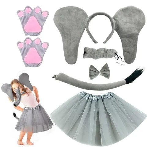 Costume da Cosplay di Animali da Elefante per Bambini Cerchietto per Orecchie Coda Naso Farfallino Gonna Tutu Guanti per Festa di Halloween