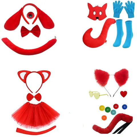 Red Fox Cat Ears Headband Tail Set For Kids Halloween Cosplay Animal Costume Accessories Mask Tutu Skirt Gloves Socks Party Outfit