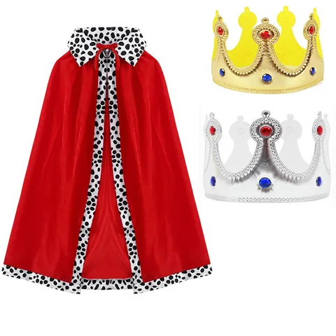 Royal King Queen Crown Hat and Red Cloak Set for Kids Adults Birthday Party Cosplay Props Bronzing Cloth Rhinestone Crown