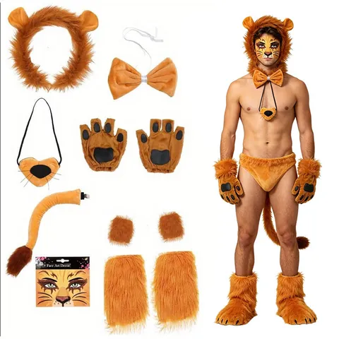 Lion Ears And Tail Costume Set Plush Animal Cosplay Accessories For Kids Adults Halloween Party Dress Up Supplies