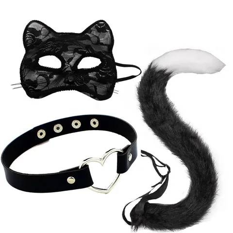 Faux Fur Cat Fox Ears Headband Tail Choker Lace Mask Set Halloween Cosplay Costume Accessories For Women Party Dress Up