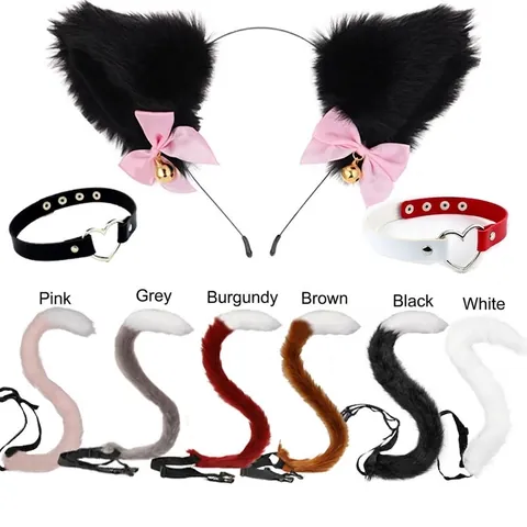 Faux Fur Cat Fox Ears Headband Tail Choker Lace Mask Set Halloween Cosplay Costume Accessories For Women Party Dress Up
