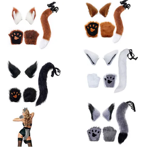 Faux Fur Fox Ears Tail Collar Bell Set Cosplay Halloween Costume Accessories Realistic Animal Ears Headband Plush Tail Choker
