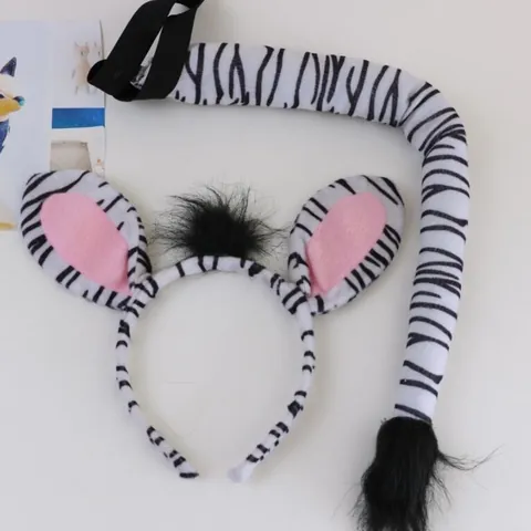 Handmade Cartoon Animal Ears Headband Tail Set Costume Props For Masquerade Performance Party Unisex Plush Hair Band Set