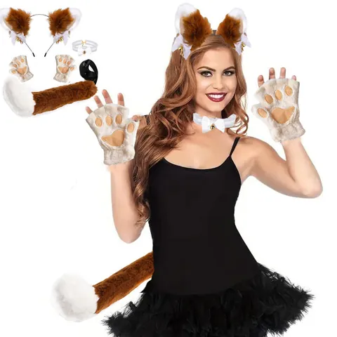 Anime Simulation Faux Fur Cat Fox Ears Headband And Tail Accessory Set For Cosplay Party Masquerade Costume Props