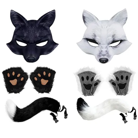 Halloween Wolf Fox Mask Tail Gloves Set Realistic EVA Faux Fur Animal Costume Accessories For Adult Party Cosplay Dress Up