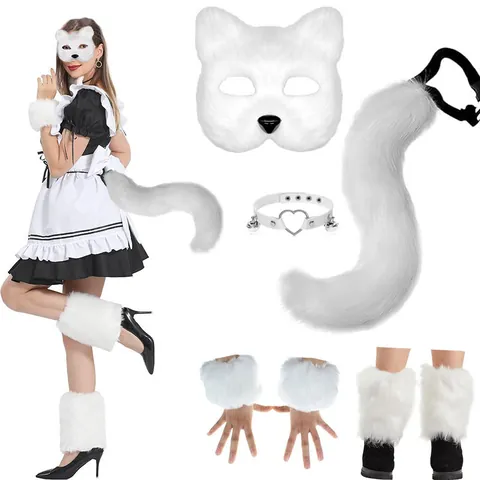 Faux Fur Fox Cat Cosplay Accessory Set Halloween Christmas Party Mask Tail Leg Warmer Wristband Choker For Women Men