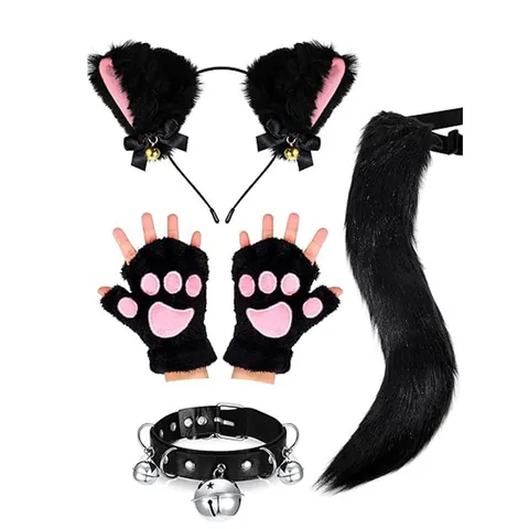 Faux Fur Fox Tail Cat Ears Headband Paw Gloves Bell Choker Halloween Anime Cosplay Party Costume Accessories For Women
