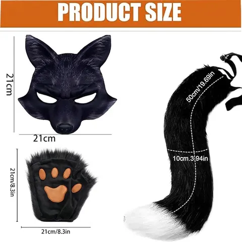 Halloween Wolf Fox Mask Tail Gloves Set Realistic EVA Faux Fur Animal Costume Accessories For Adult Party Cosplay Dress Up