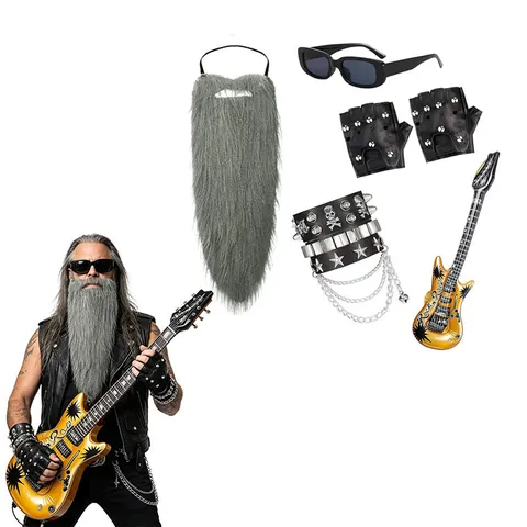 Funny Fake Mustache Beard Cosplay Props For Halloween Christmas Party Costume Decoration Rock Star Inflatable Guitar Set