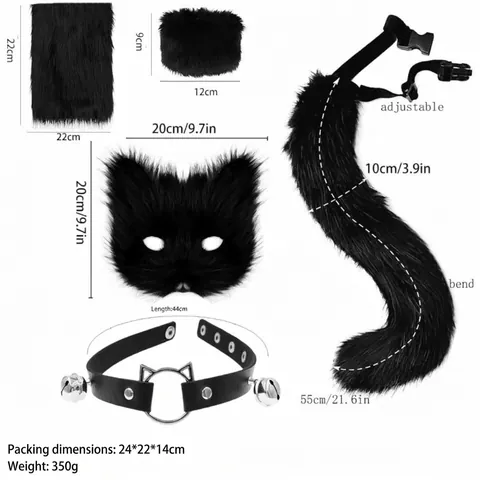 Faux Fur Fox Cat Cosplay Accessory Set Halloween Christmas Party Mask Tail Leg Warmer Wristband Choker For Women Men