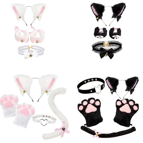 Cute Plush Cat Ears Headband With Bells Bowknot Tail Paw Gloves Lace Choker Halloween Cosplay Costume Accessories For Women