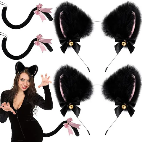 Cute Plush Cat Ears Headband With Bells Bowknot Tail Paw Gloves Lace Choker Halloween Cosplay Costume Accessories For Women
