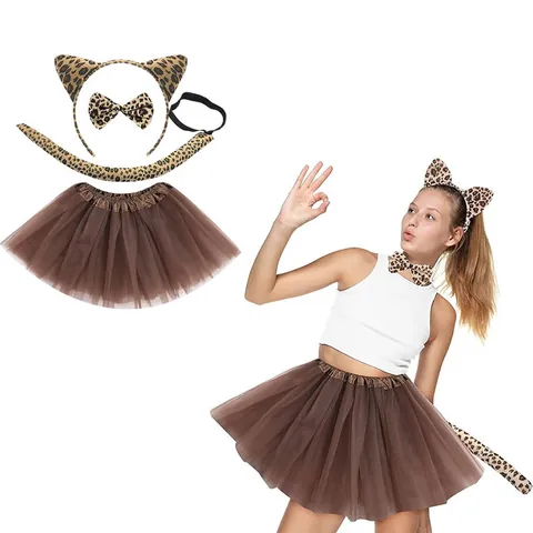Halloween Animal Cosplay Set Black Cat Tiger Leopard Ears Headband Bowtie Tail Tutu Skirt Props For Kids Adults Costume Accessories