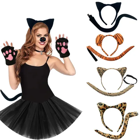 Halloween Animal Cosplay Set Black Cat Tiger Leopard Ears Headband Bowtie Tail Tutu Skirt Props For Kids Adults Costume Accessories