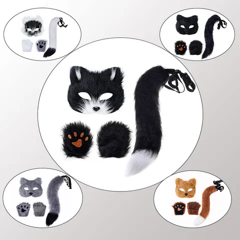 Faux Fur Animal Cosplay Set Fox Cat Ears Headband Plush Tail Mask Paw Gloves Costume Accessories For Halloween Party Adults