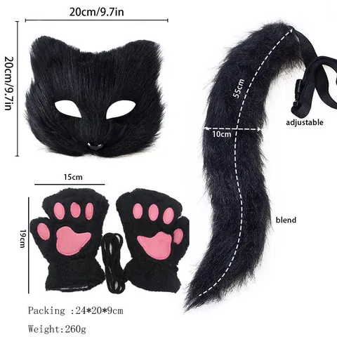 Faux Fur Animal Cosplay Set Fox Cat Ears Headband Plush Tail Mask Paw Gloves Costume Accessories For Halloween Party Adults
