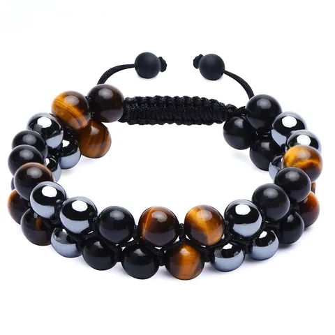 Men's Natural Stone Double Layer Bracelet Hand-woven Adjustable Tiger Eye Obsidian Lava Stone Beaded Bracelet Fashion Jewelry Gift