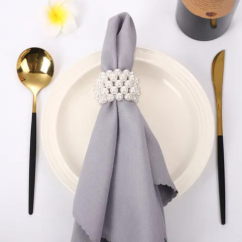 Handmade Woven Artificial Pearl Napkin Rings For Hotel Banquet Wedding Table Decor White ABS Bead Napkin Buckle Holder