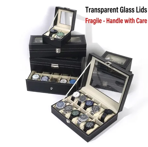 PU Leer Horlogedoos Organizer Display Case Met Glas Venster En Metalen Slot Voor Horloge Collectie Sieraden Opslag Home Decor