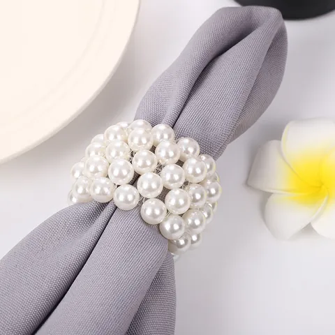 Handmade Woven Artificial Pearl Napkin Rings For Hotel Banquet Wedding Table Decor White ABS Bead Napkin Buckle Holder