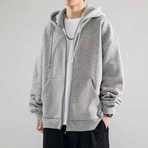 Men Full Zip Hoodie Oversized Sweatshirt Fleece Lined Solid Color Drop Shoulder Long Sleeve Casual Hooded Jacket