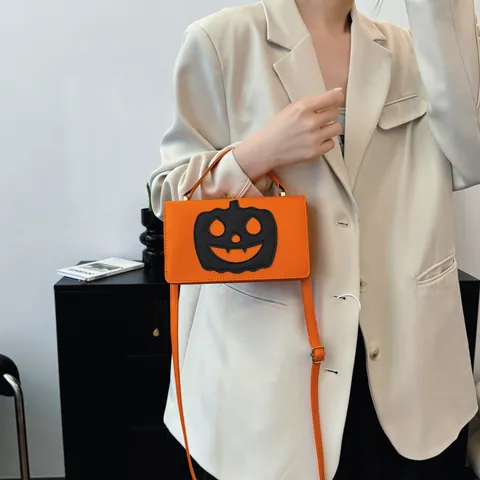 Halloween Funny Pumpkin Crossbody Bag For Women Fashion PU Leather Jack-O-Lantern Pattern Contrast Color Contrast Handbag